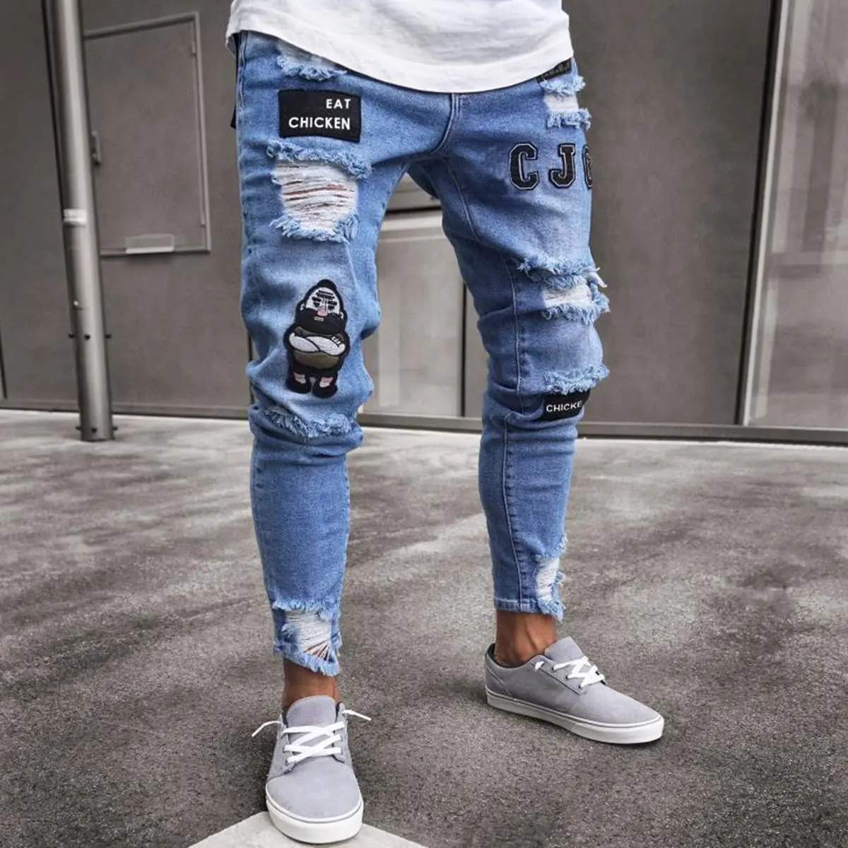 Fashion Men Holes Embroidery Stretch Skinny Jeans Trousers Ripped Slim Male Joggers Pencil Denim Pants Deals For You Days