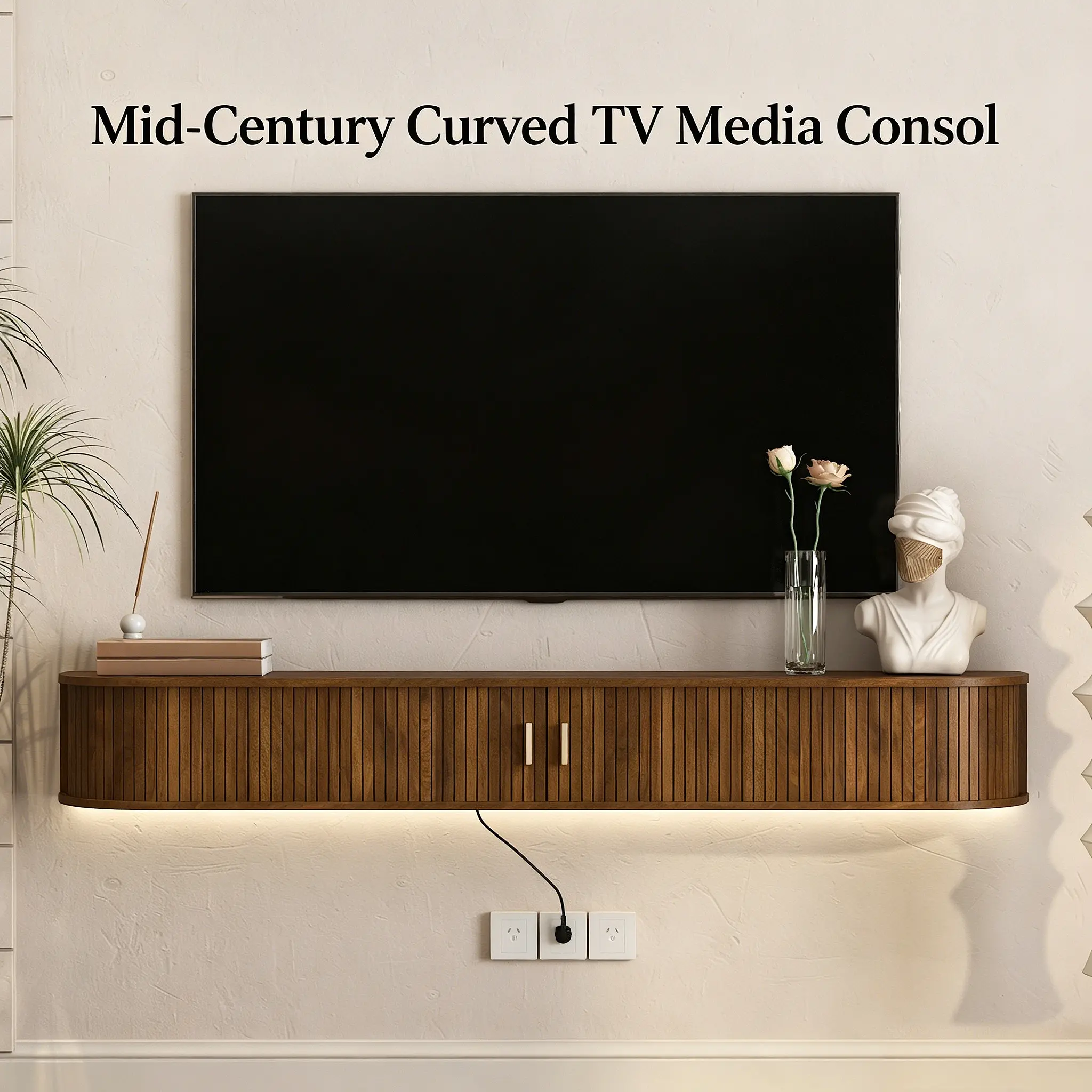 Floating TV Stand Wall Mounted, Mid-Century Media Console with 16 Color RGB LED Lights & Sliding Doors, Curved Entertainment Center for Living Room Bedroom, Brown