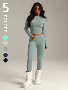 Women's Sporty Two-Piece Set, Round Neck Long Sleeve Top & High Waist Tight-Fit Pants, Breathable Comfortable Yoga Gym Wear, Breathable Activewear