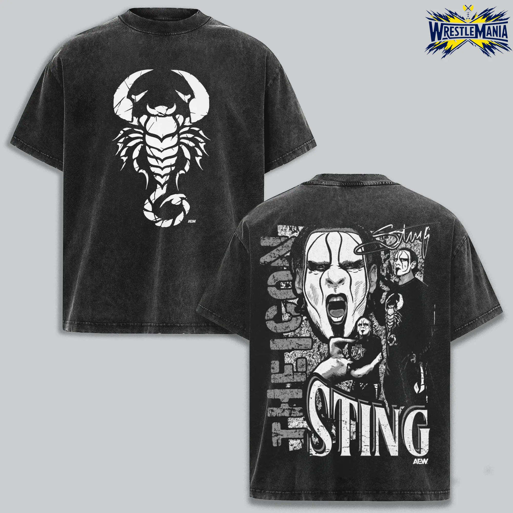 Sting AEW Vintage Washed T Shirt, Pro Wrestling Legend Graphic Tee, Iconic Wrestler Black and White Design, Retro Wrestling Streetwear Shirt, Double Sided Oversized Heavyweight Cotton Tee, Classic AEW Fan Apparel,