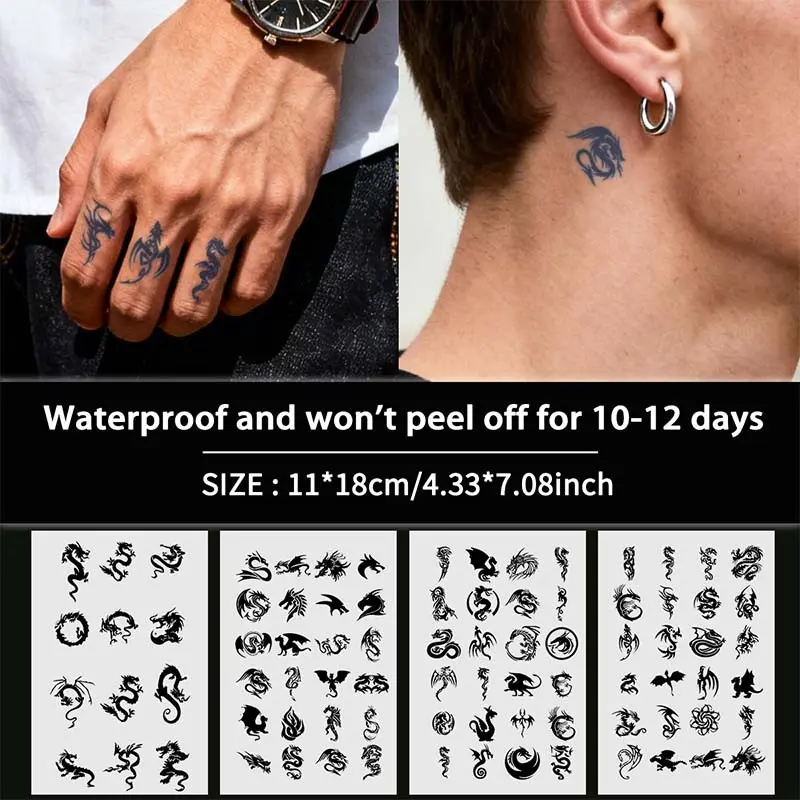 4 Pcs Small Herbal Temporary Tattoo Stickers Set, Dinosaur & Mythical Beast Designs, Semi-Permanent Color, Suitable for Fingers, Hand Back, Behind Ear