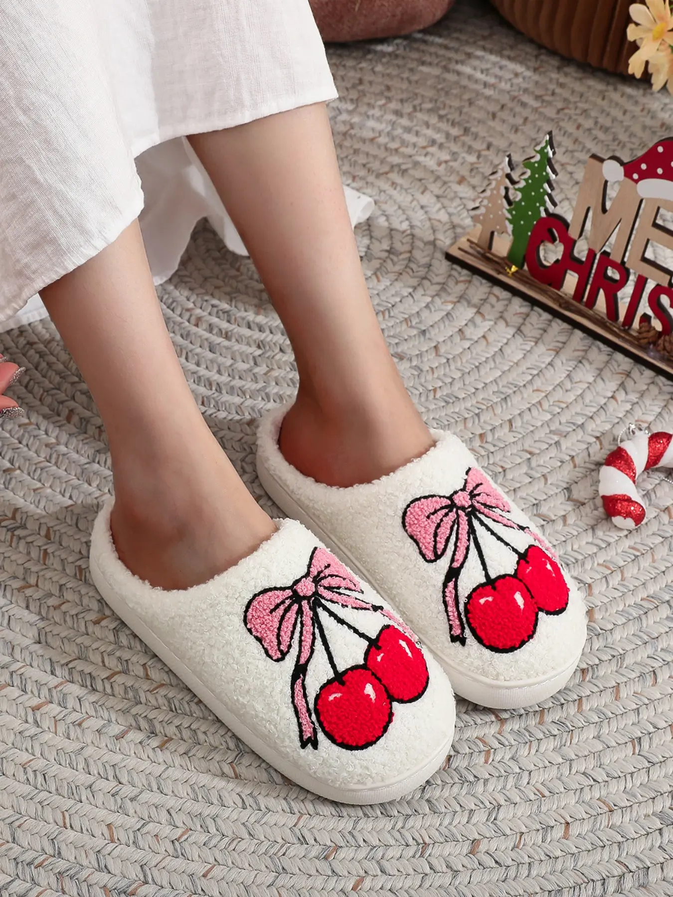 Women's Cherry Bow Embroidered Soft Plush Slippers, Cute Indoor Fruit Shoes, Comfortable Fall & Winter Home Wear, Perfect Gift Idea, House Slippers