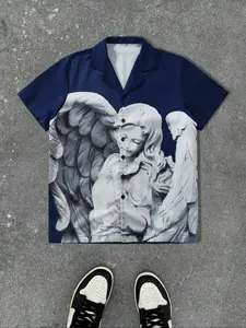 Men's All Over Angel Print Short Sleeve Shirt, Regular Fit Casual Comfy Button Front Top for Summer, Men's Clothes for Daily Wear