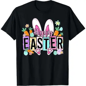 Women's Easter celebration with bunny ears, colorful eggs, and carrots Graphic T-Shirt - Short Sleeve Crew Neck Regular Fit Casual Wear | Soft & Breathable Fabric, Durable Print, Everyday Comfort, Machine Washable