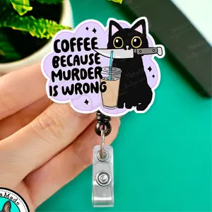 NataliaMade Coffee Cat Badge Reel- Funny Cat ID Badge Holder for Respiratory Therapist, Nurses, Doctors, Name Badges for Healthcare Staff, Teachers, Office, Retail and Restaurant Workers