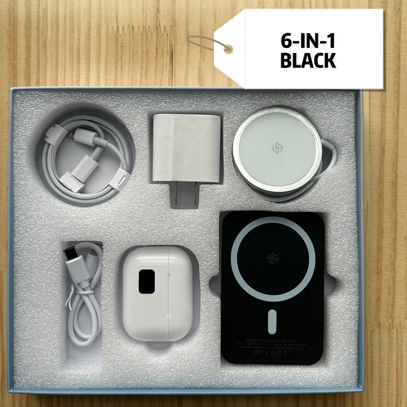 6-in-1 Charging Kit: Fast Charge, 10000mAh Magnetic Power Bank, Wireless Charger, Type-C to Fast Charge Cable, Adapter and Color Screen Bluetooth Headset