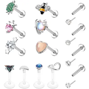 FIBO STEEL 14 PCS Surgical Steel Screw Back Flat Back Earrings for Women 16G Threadless Nose Stud Lip Rings Set Tragus Piercing Jewelry