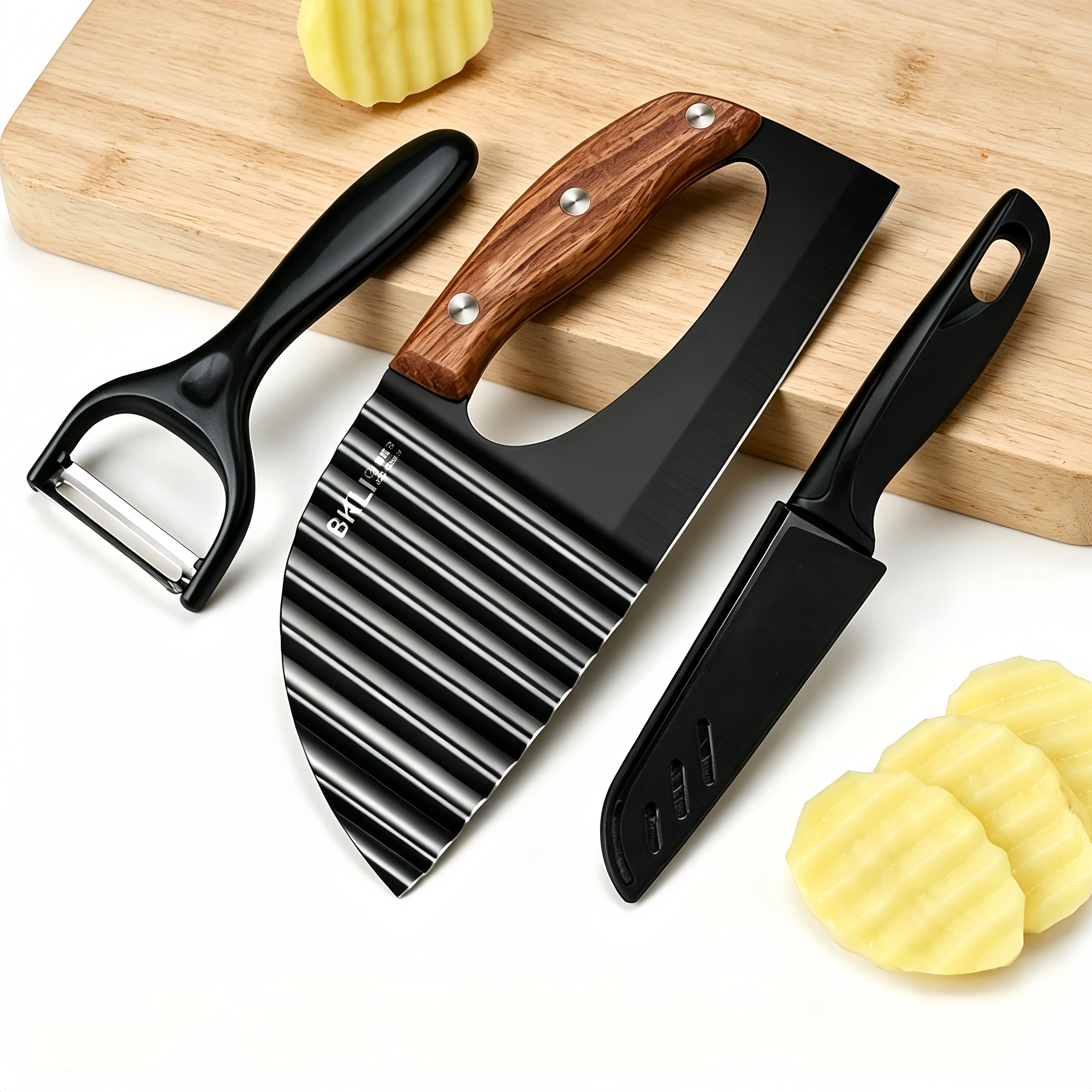 3Pcs Wavy Potato Cutter Set, Stainless Steel Crinkle Cutting Knife with Fruit Knife & Peeler, Wooden Handle Veggie Slicer for Potato Carrot Cucumber DIY Kitchen Gadget