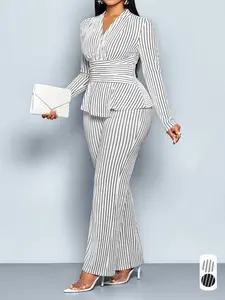 Women's Striped Two-Piece Set, Elegant Fall & Winter, Deep V-Neck Long Sleeve Top, High-Waisted Wide-Leg Pants, Plus Size