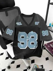 Men's 98 Number Print V Neck Short Sleeve Tee, Regular Fit Casual Breathable Quick Drying T-shirt for Daily Wear, Men's Top for All Seasons