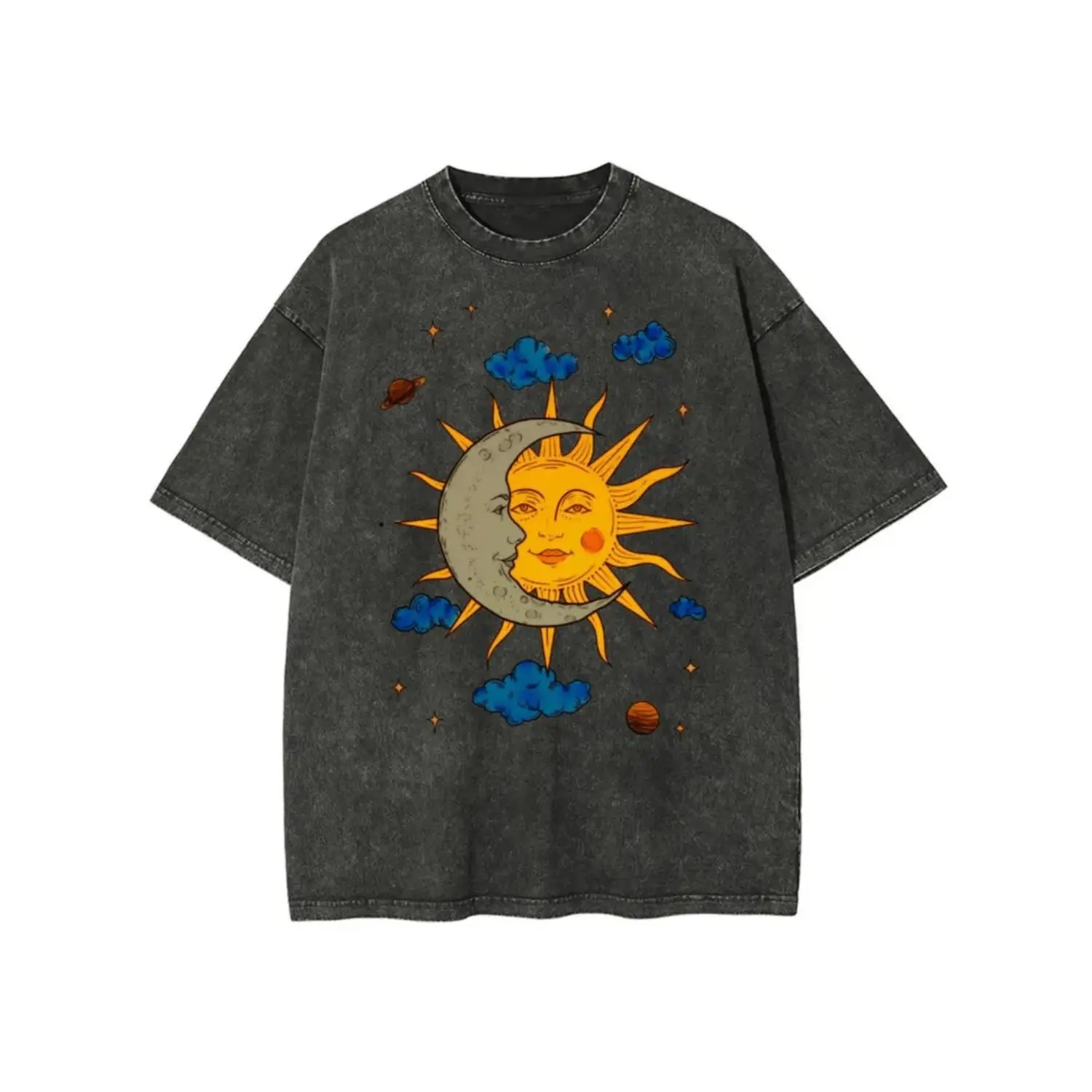 T-Shirt - Heavyweight Washed Streetwear Tee with Sun, Moon, Stars & Clouds Graphic - Soft Breathable Loose Fit Crewneck Shirt for Everyday Casual Outfits - All-Season Retro Graphic Top