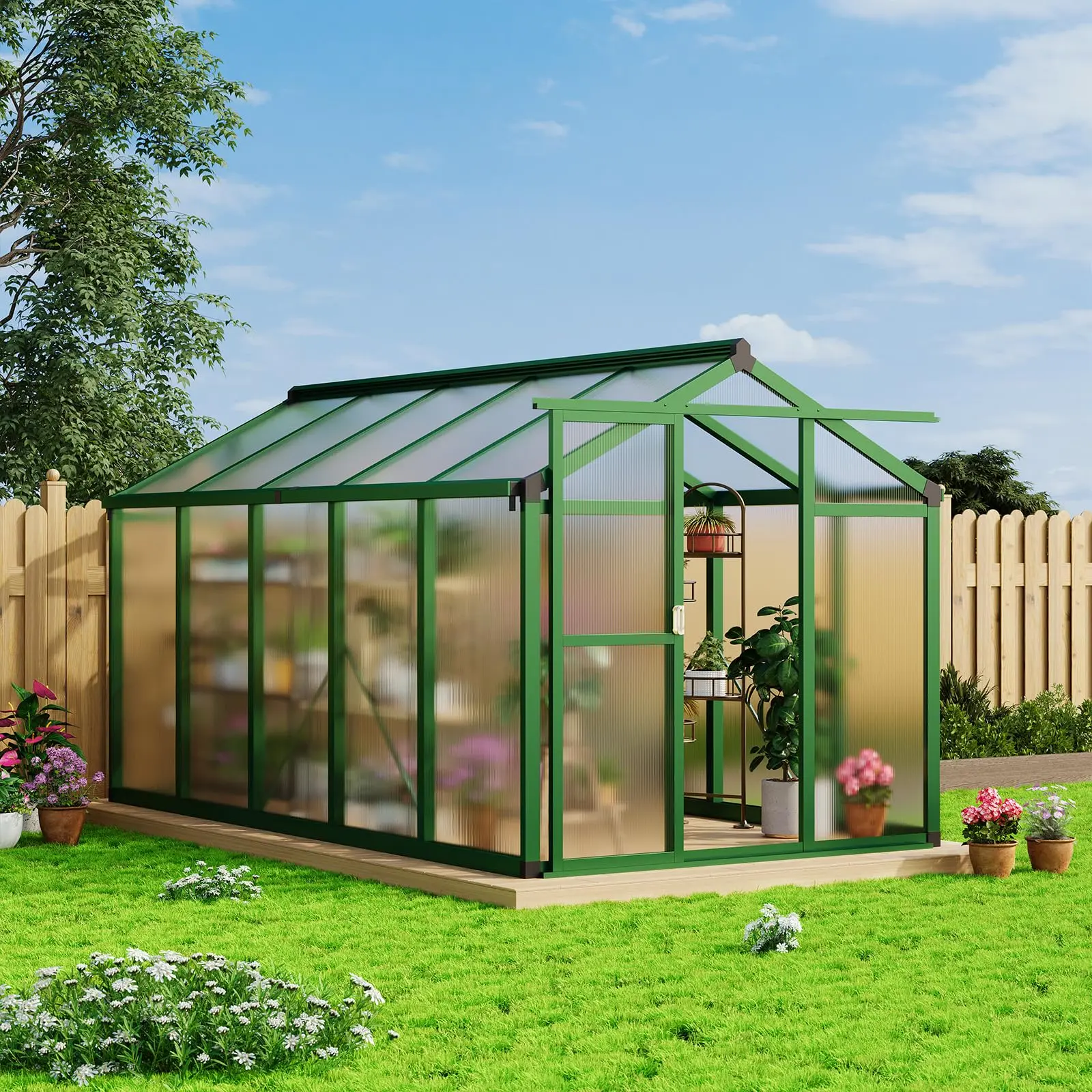 6x10 FT Greenhouse for Outdoors, Aluminum， with Roof Vent and Quick Setup Structure, with PC Panels, for Winter Garden,Backyard,Patio,Lawn，Green