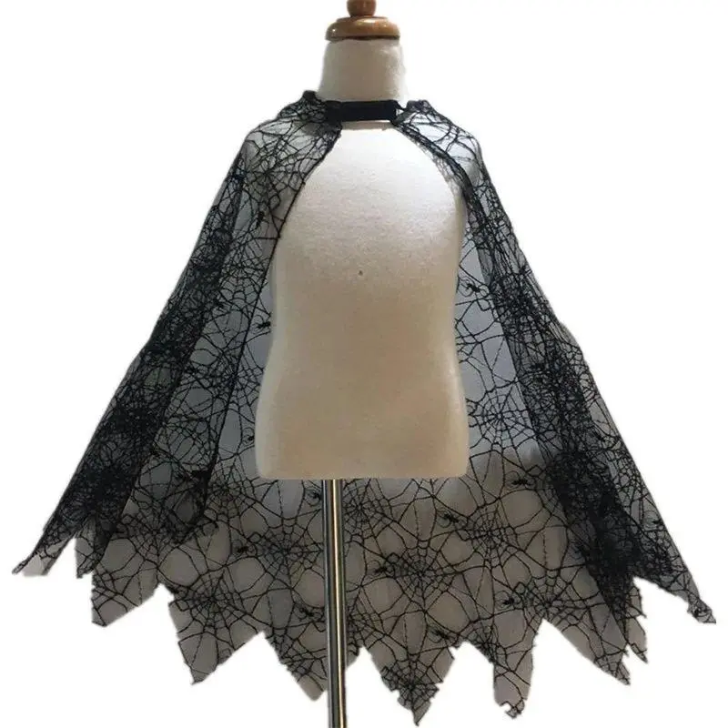Halloween Costume Cobweb Spider Mesh Cape Cloak Adult Child Gothic Horror Robe Gothic Terror Outfit Men Women Kids Black Lace