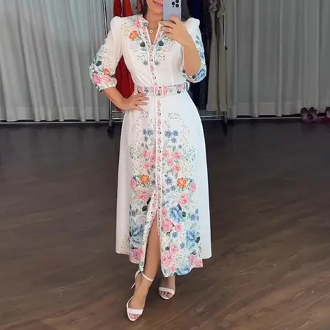 CHICME Women's Floral Print V-Neck 3/4-Sleeve Tied Detail A-Line Maxi Dress, Elegant Casual Wear with Romantic Floral Print Feels, Aline Slim Look for Wedding Guest (Maxi Casual Dresses)