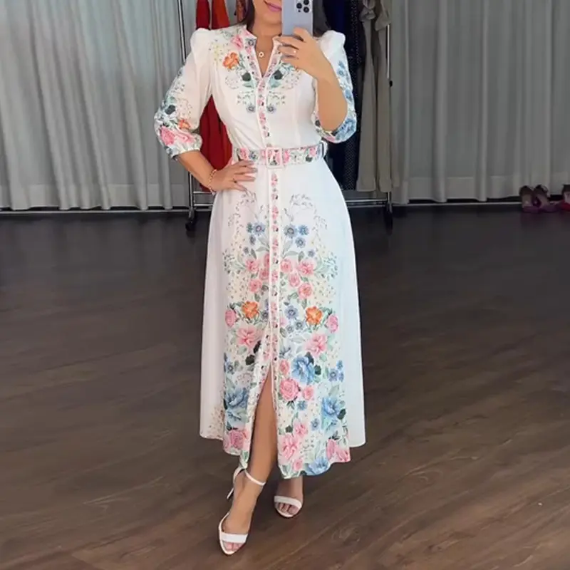 CHICME Women's Floral Print V Neck Three Quarters Tied Detail Blouse Dress Casual A Line Slim Fit Maxi Dress/Summer Dress for Wedding Guest