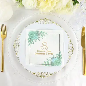 100-Pack Paper Dinner Napkins Personalized Large Emblem with Floral Design White/Green - Custom Wedding Napkins
