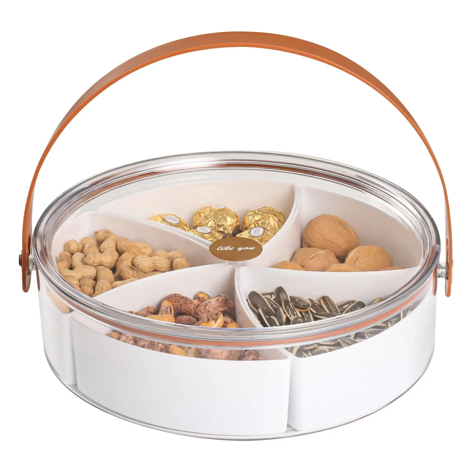 Divided Serving Tray with Lid and Handle, Stackable Snackle Box Container for Fruits Candy Organizer, Portable Spinning Rounded Veggie Tray for Kitche