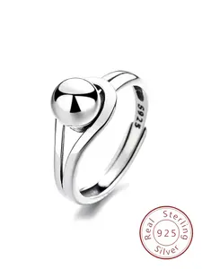 925 Sterling Silver Simple and Fashionable Personalized Smooth Geometric Ball Open Adjustable Ring, Geometric Design Ring, Artificial Gemstone Ring for Women