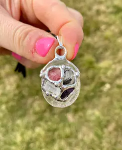 New Moon Beginnings Spiritual Empath Amulet with Tourmaline, Quartz, Selenite & Sugilite Pendant on Black Satin Cord