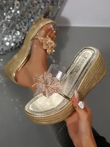 Elegant Water Drill Flower Heeled Sandals Women Thick Sole Design Enhances Leg Shape Transparent Strap Show off Long Feet Versatile Party Date Streetwear Essential Elegant Floral Sandals Strappy Sandals