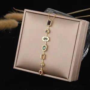 Women's Adjustable Boho 7-Chakra Stone Pendant Design Gold Necklace - Pave Artificial Gemstone Statement Necklaces, Boho Outfits Accessory, Mother's Day Gift