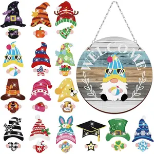 Magnetic Interchangeable Gnome Welcome Sign – DIY Diamond Art Front Door Hanging Decor with Detachable Hats & Hands, Seasonal Holiday Decoration (Blue & Gray)