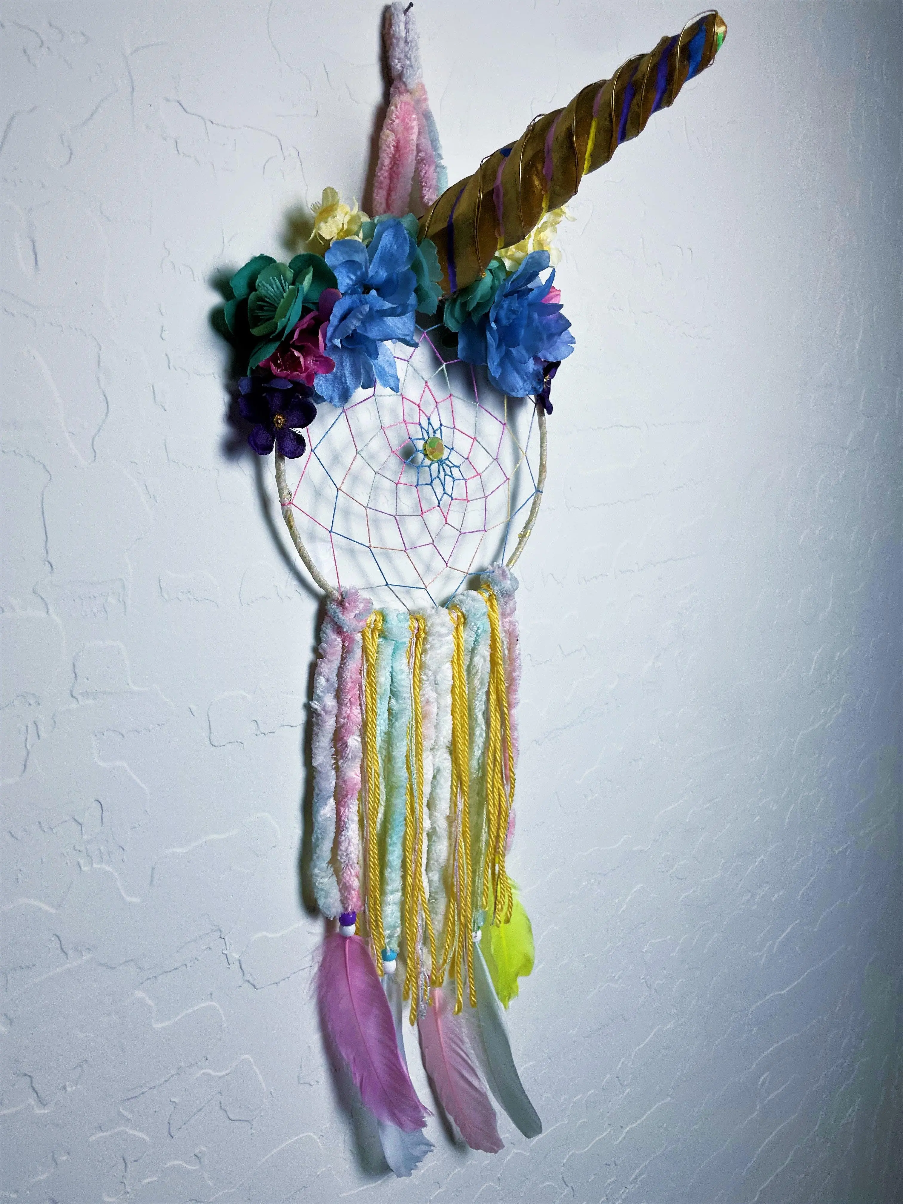Celestial Mane - Hanging Dreamcatcher - Pastel and Gold Unicorn - Floral - Handmade - Perfect for Kids Room