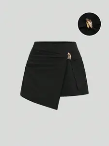 Women's Black Metal Buckle Decor Cinched Waist Fit A-Line Skirt Shorts, Elegant Minimalist Style For Commute, Office, School, Graduation, Casual Outings, Daily Wear Womenswear