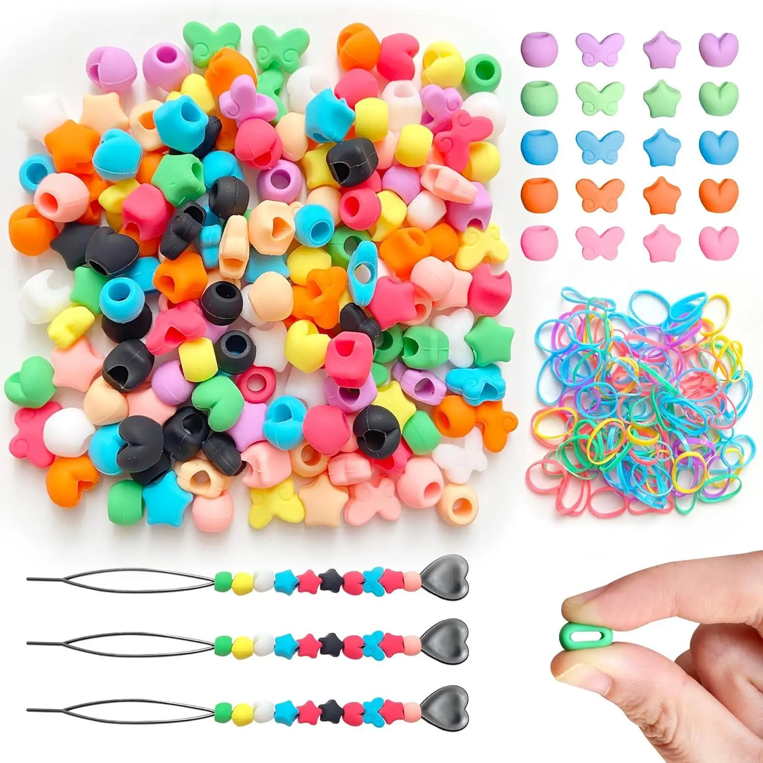 160 count  Hair Beads, Colorful Rainbow Soft Rubber Pony Beads Hair Accessories Kit for Girls Women Braids - 4 Shapes