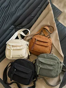Vintage Corduroy Crossbody Bag, Casual Japanese Style Zipper Shoulder Bag, Striped Pattern, Polyester Lining, Unisex -, Light, Casual Bags