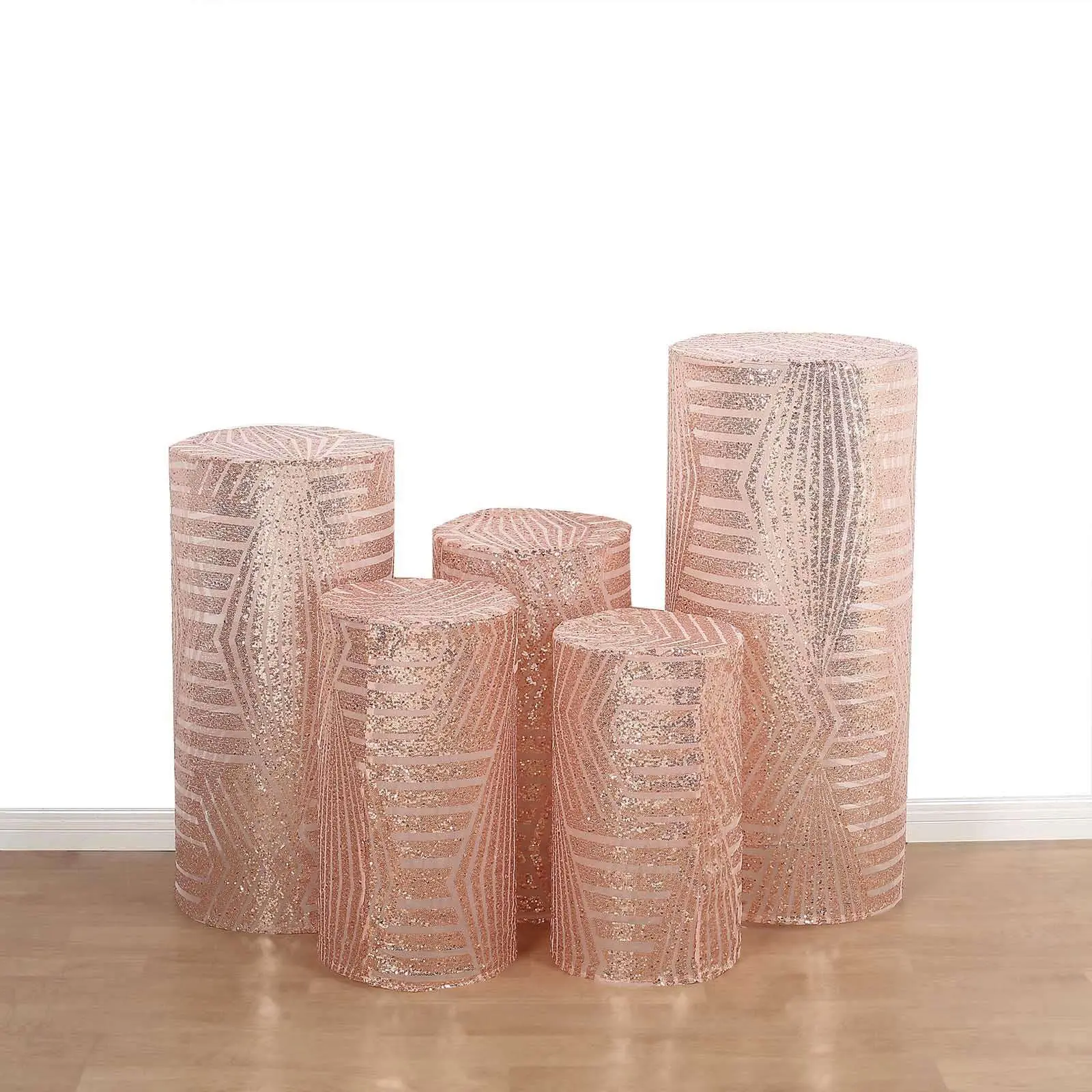 5-Piece Rose Gold Sequin Mesh Cylinder Pedestal Stand Decorative Covers, Geometric Embroidery Sparkly Sheer Tulle Pillar Dust Protection for Home Decor, Decorative Cover