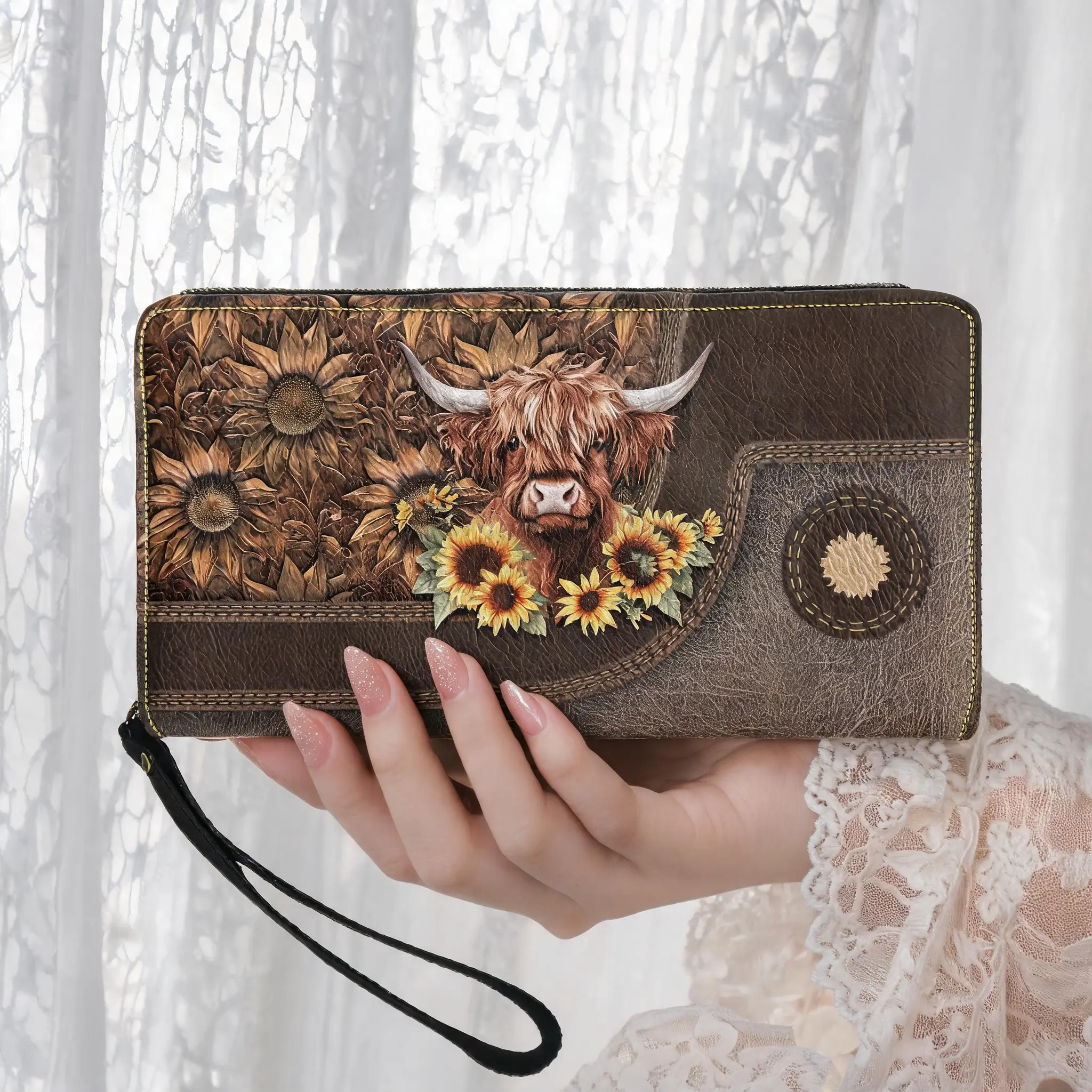 Highland Cow Sunflower Coin Purse for Women, Cute Cow Wristlet Wallet with Zipper & Credit Card Holder, Travel Mini Change Pouch Gift for Cow Lovers