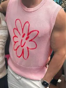 Men's Spring/Summer Graffiti Flower Crew Neck Pink Knitted Vest Street Style Sleeveless Sweater Casual Loose Fit Unisex Couple outfits