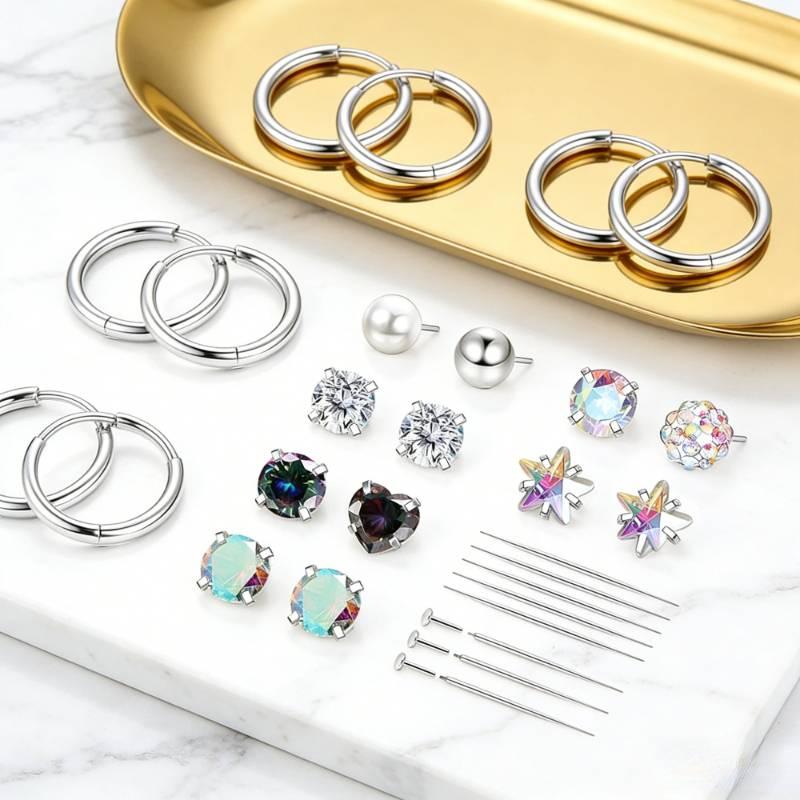 33Pcs Flat Back Earrings for Women with Piercing Ball Grabber Tool - 316L Surgical Steel Cartilage Hoop Earrings Stack, Internal Thread CZ Stud Piercing Jewelry for Tragus Helix Conch & Hypoallergenic Lip Nose Rings Hoops