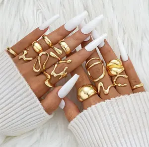 15PCS Gold Chunky Rings Set for Women Gold Plated Thick Dome Stackable Statement Rings, Wave & Fluid Designs, Ideal for Slim Fingers, Perfect Gift for Special Occasions