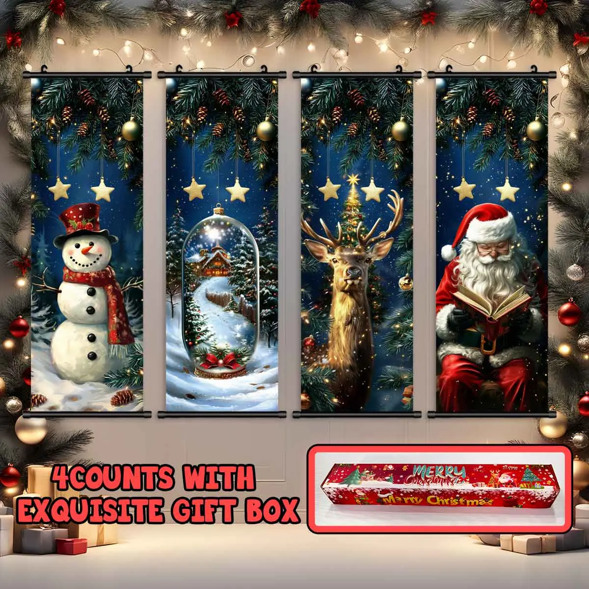 4-Piece Christmas Wall Art Set, Cute Snowy Forest Theme Posters, High-Quality Waterproof Prints, Perfect Holiday Decor Gift Box Included