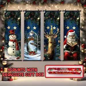 4-Piece Christmas Wall Art Set, Cute Snowy Forest Theme Posters, High-Quality Waterproof Prints, Perfect Holiday Decor Gift Box Included