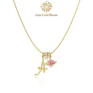 Gold Triple-Layer A-Z Alphabet Pendant Necklace for Women Snake Chain Collar with Pink Heart-Shaped Zirconia Adjustable Length Necklace Jewelry Birthday Anniversary Jewelry Suitable for Everyday Wear