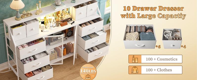 RaybeeFurniture 10 Drawer LED Vanity Dresser with Power Outlets, Multi-Functional TV Stand & Makeup Organizer for 65" Screens, Bedroom, Hallway [Falldealsforyou]