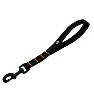 Traffic Leash - Black with Orange Accents & Metal Hook - 15 Inch Short Leash for High Traffic Dog Training