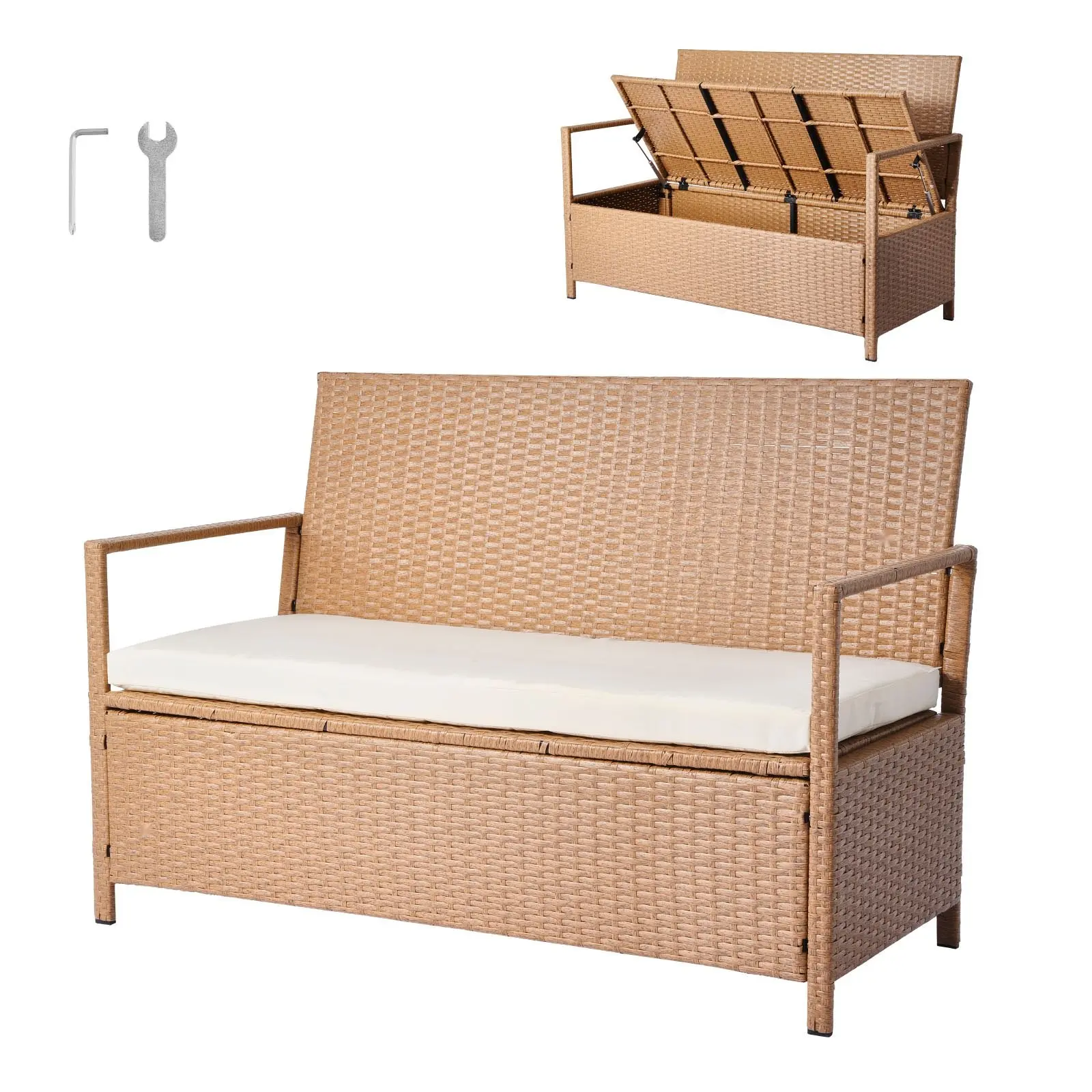 Outdoor Storage Bench With PE Rattan Panels, 70 Gallon Deck Box, Waterproof And Weather Resistant, Large Capacity Underseat Storage For Patio And Garden, Sturdy Weatherproof Deck Box Seat, Easy Assembly For Everyday Use
