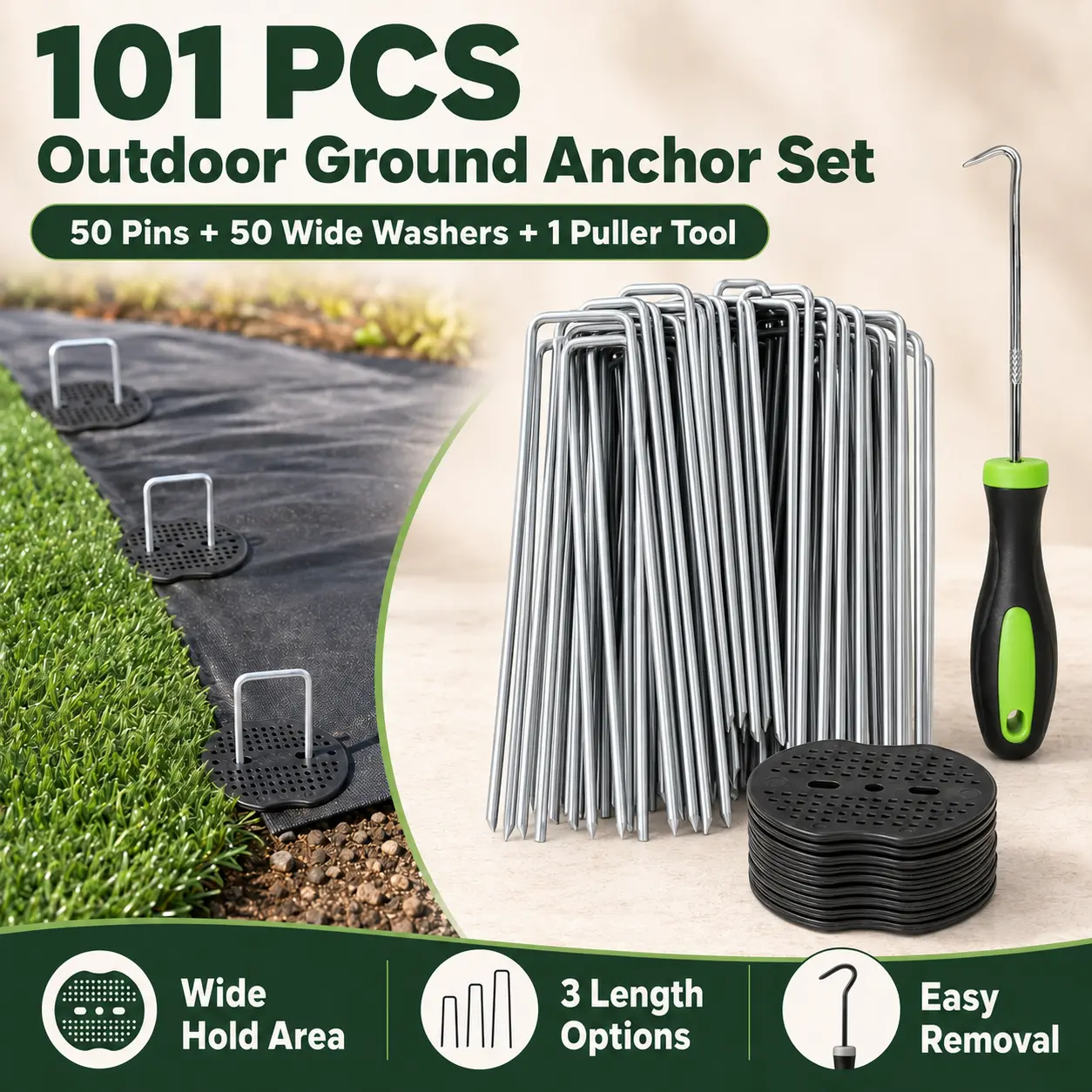 PINKART 101-Piece Outdoor Ground Anchor Set, 50 U-shaped galvanized pins with 50 wide washers and puller tool for artificial turf, garden netting, irrigation tubing, tarps, and lawn edging, available in 10 cm, 15 cm, and 20 cm options