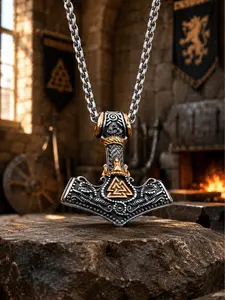 King Thor's Mjölnir Armored Kingdom Necklace - Valknut, Rune-Engraved Durable Costume Jewelry Accessory for Fashion Enthusiasts