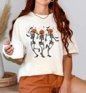 Comfort Colors Dancing Skeleton Pumpkin Shirt, Retro Halloween Women's Shirt, Funny Fall Halloween Party TShirt, Spooky Season Skeleton Tee