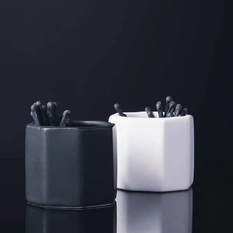 Chic Ceramic Match Holder with Convenient Striker, White/Black, Candle Accessories Decor Light