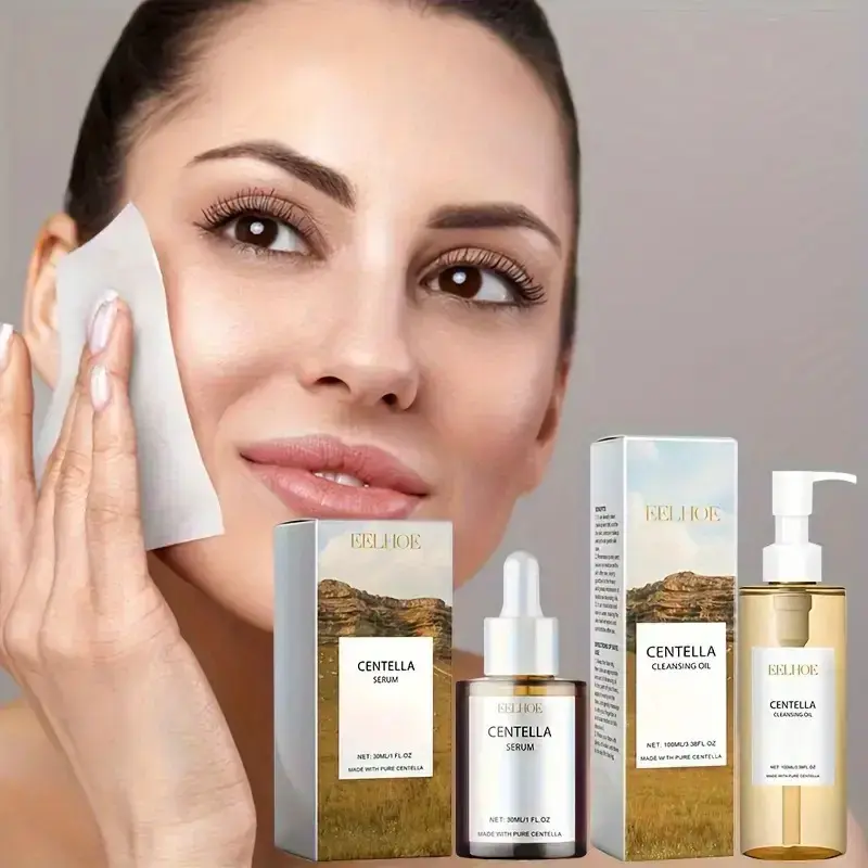 The 2-piece facial care set, Hydration care set, includes Centella asiatica makeup remover and essence. The essence moisturizes dry skin, leaving it bright. Cleansing, Moisturizing, Hydrating
