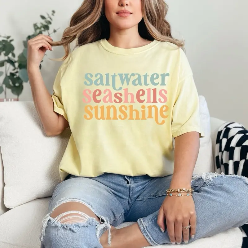 Saltwater seashells Sunshine T-shirt Comfort Colors Summer Everyday Style Shirtsleeve love casual comfortable super soft relaxed fit unisex Sizing womenswear Streetwear  vintage Crewneck Printed Loose Graphic Top