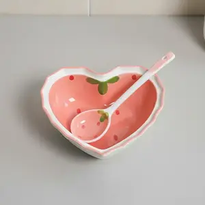 Heart-shaped Ceramic Bowl with Spoon, Creative Strawberry Pattern Bowl & Spoon, Durable Tableware for Kitchen, Household Dining Plate Set, Ceramic Dish Set, Durable Utensils Tableware