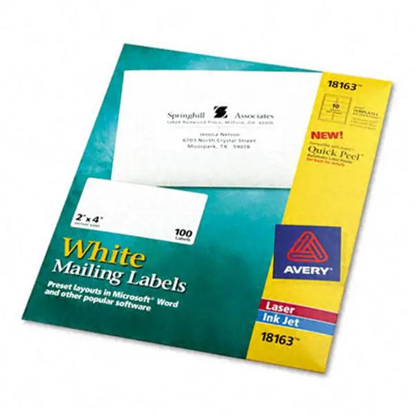 Avery 18163 Jam-Free Inkjet Printer-Compatible White Address Labels, 2x4 in Label Paper, 100-Pack