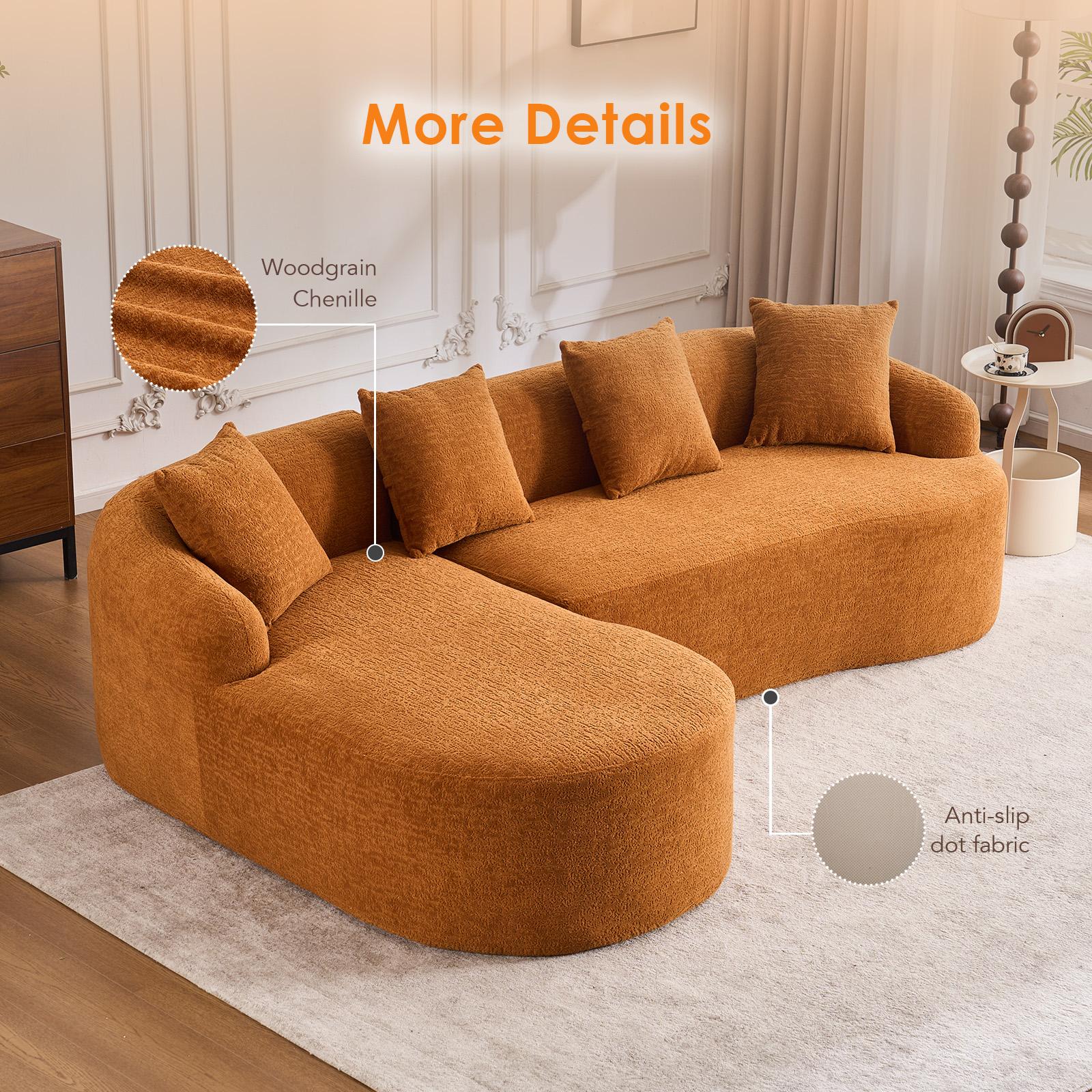 L-Shaped Compression Sponge Sofa with Curved Chaise, No Assembly Modular Chenille Couch, 30D High-Density Foam for Living Room, Bedroom, Apartment & Lounge